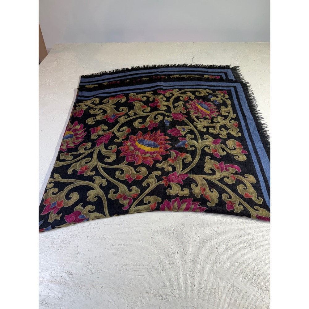 Vintage Loro Piana Cashmere Silk Shawl 55x55 Black Floral Fringe READ - Picture 10 of 12